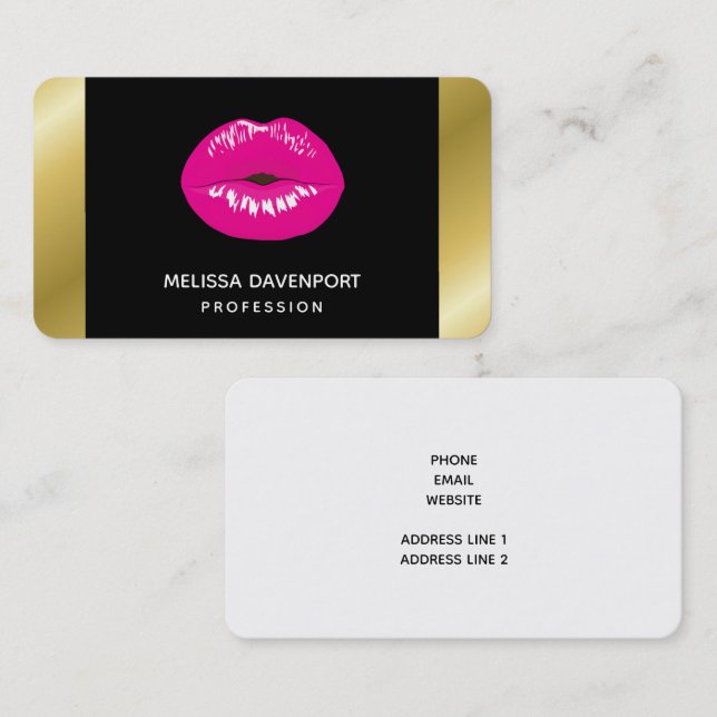 Hot Pink Shiny Lips on Black Business Card (Front/Back)