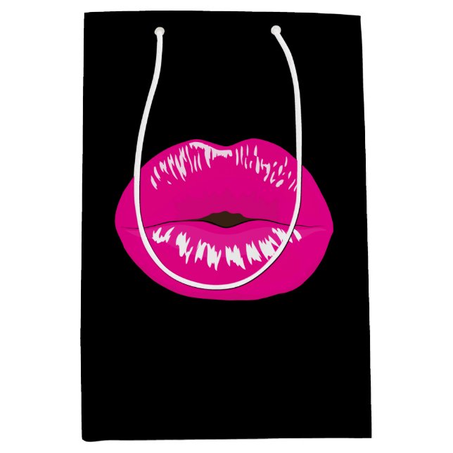 Hot Pink Shiny Lips on Black Medium Gift Bag (Front)