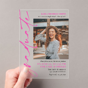 Hot Pink Signature Script Photo Graduation Party Acrylic Invitations