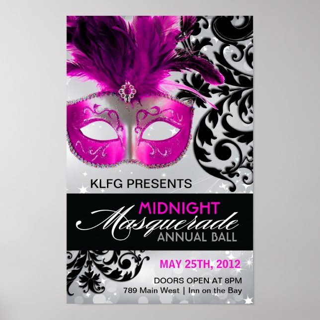 Hot Pink, Silver and Black Masquerade Ball Poster (Front)