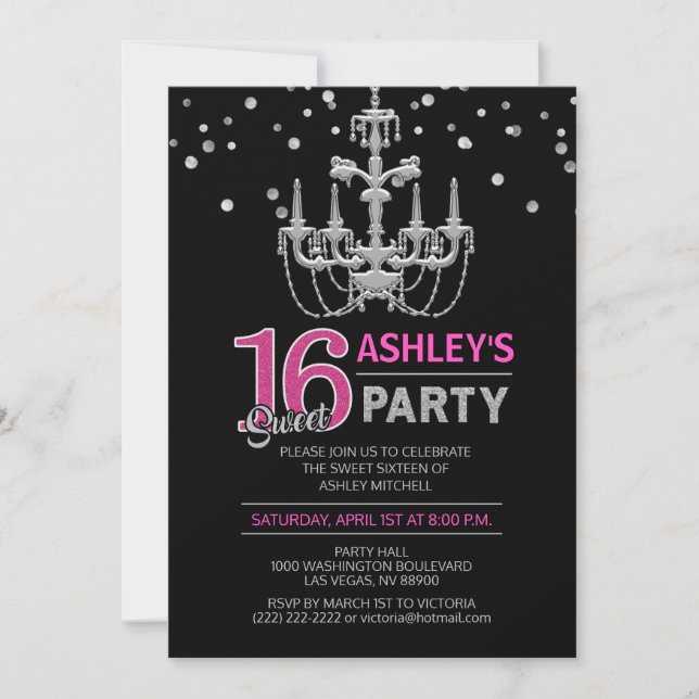 Hot Pink Silver Chandelier SWEET SIXTEEN 16 Party Invitation (Front)