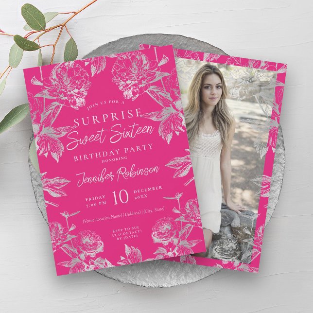 Hot Pink & Silver Floral Photo SURPRISE Sweet 16   Invitation (Hot Pink & Silver Floral Photo SURPRISE Sweet 16 Invitation)