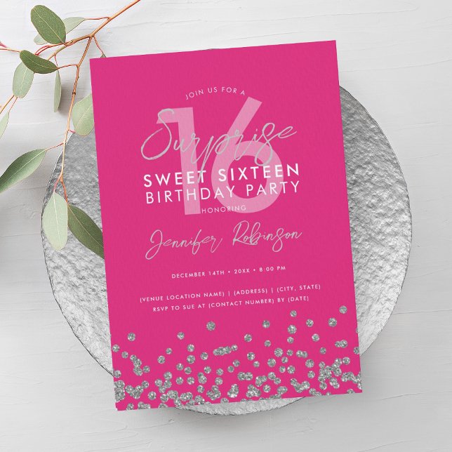 Hot Pink Silver Glitter Surprise Sweet 16  Invitation (Hot Pink Silver Glitter Surprise Sweet 16 Invitation)