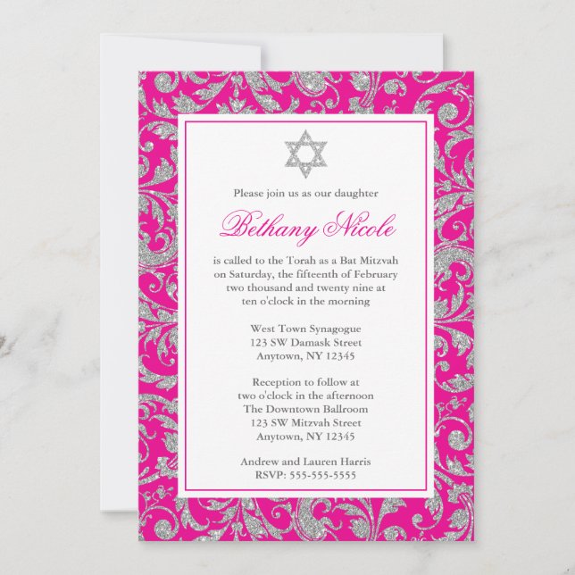 Hot Pink Silver Glitter Swirl Damask Bat Mitzvah Invitation (Front)