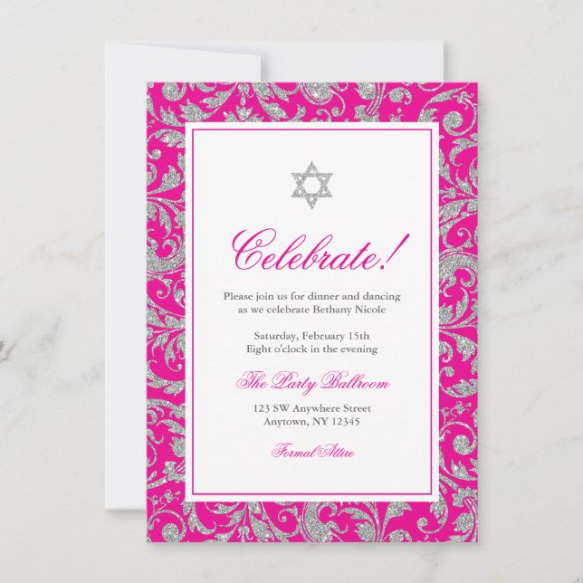 Hot Pink Silver Glitter Swirl Damask Reception Invitation (Front)