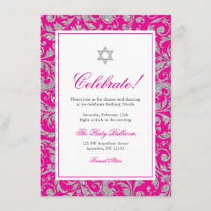 Hot Pink Silver Glitter Swirl Damask Reception Invitation