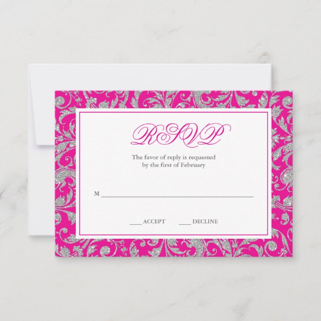 Hot Pink Silver Glitter Swirl Damask RSVP Card (Front)