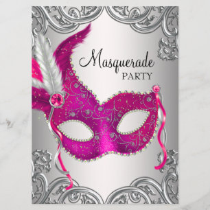 Hot Pink Silver Mask Masquerade Ball Party Invitation