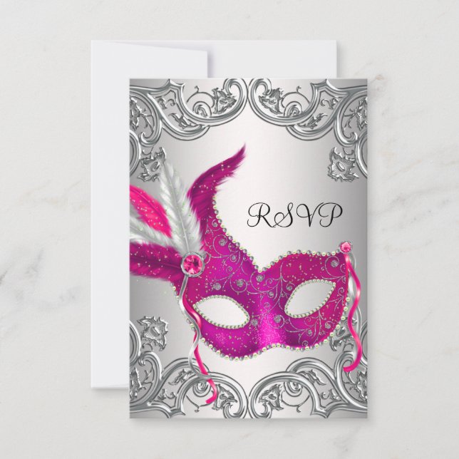 Hot Pink Silver Mask Masquerade Party RSVP Card (Front)