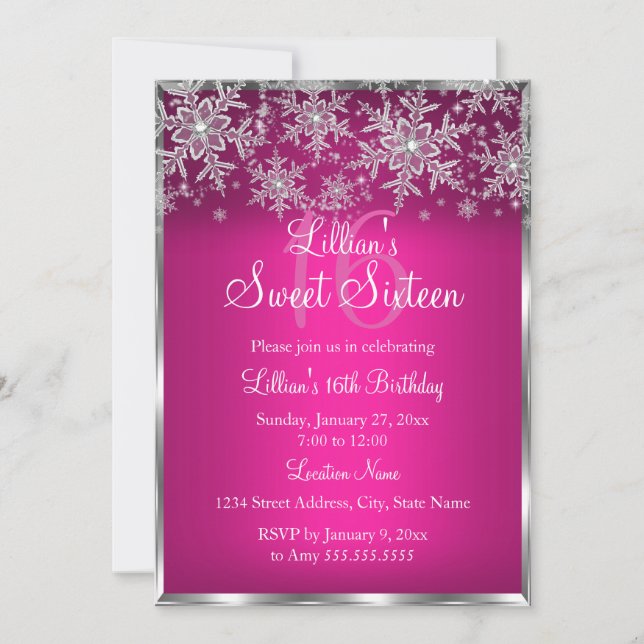 Hot Pink Silver Snowflake Sweet 16 Invitation (Front)