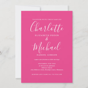 Hot Pink Simple All In One Chic Script Wedding Invitation