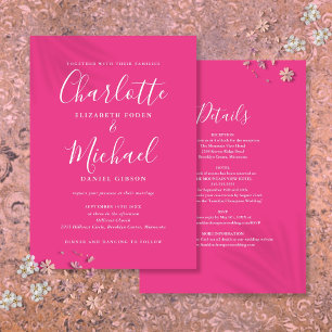 Hot Pink Simple All In One Chic Script Wedding Invitation