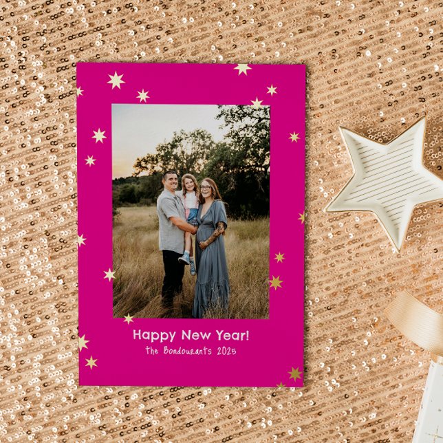 Hot Pink Simple Stars One Photo Happy New Year (Hot pink and gold foil stars new year photo card for friends and family)
