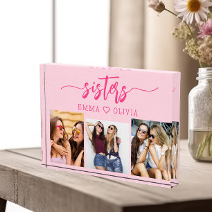 Hot Pink Sisters 3 Photo Collage Keepsake Gift Block