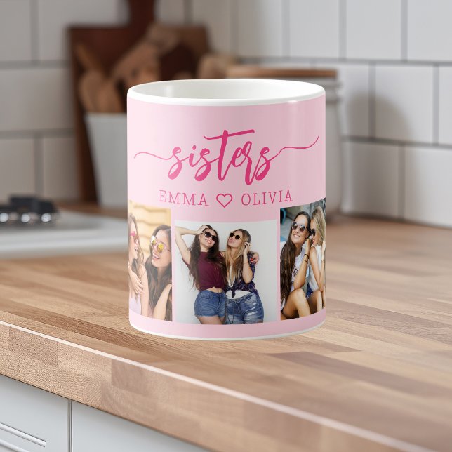 Hot Pink Sisters 3 Photo Collage Keepsake Gift Coffee Mug (Creator Uploaded)