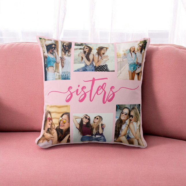 Hot Pink Sisters 6 Photo Collage Keepsake Gift Cushion (Creator Uploaded)