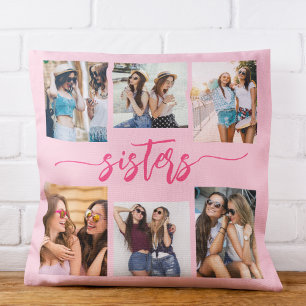 Hot Pink Sisters 6 Photo Collage Keepsake Gift Cushion