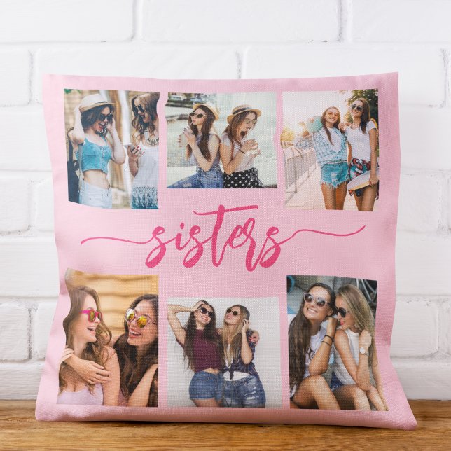 Hot Pink Sisters 6 Photo Collage Keepsake Gift Cushion (Creator Uploaded)