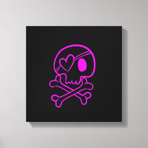 Hot Pink Skull and Crossbones on Black Canvas Print