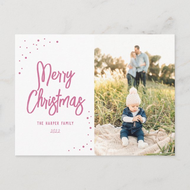 Hot Pink Snow Script Photo Holiday Postcard (Front)