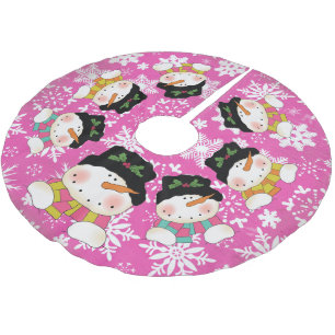 Hot Pink Snowflakes and Snowmen Holiday Tree Skirt