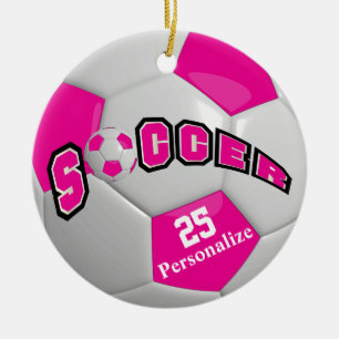 Hot Pink Soccer Ball Personalise Ceramic Tree Decoration
