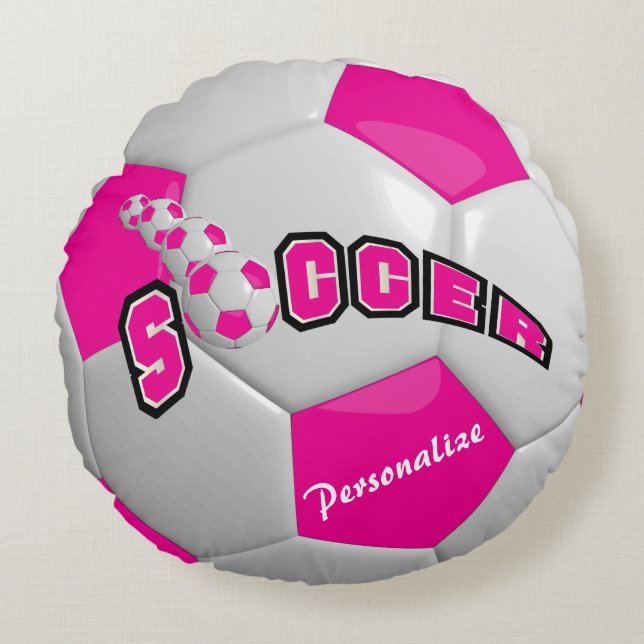 Hot Pink Soccer Ball | Personalise Round Cushion (Front)