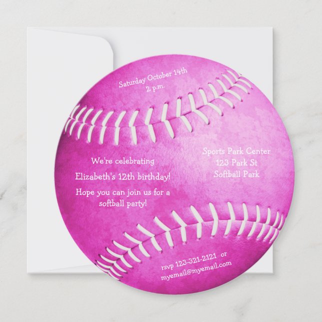 hot pink softball themed girls party announcement (Front)