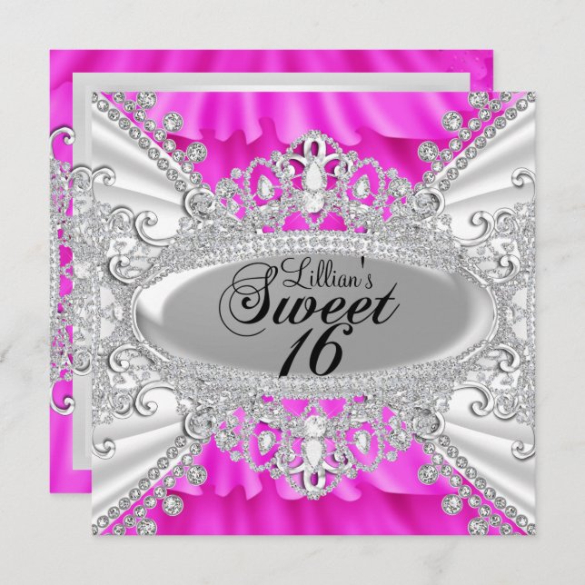 Hot Pink Sparkle Diamond Sweet 16 Invite (Front/Back)
