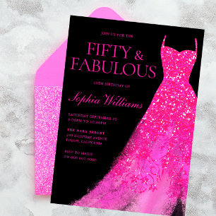 Hot Pink Sparkle Gown & Black 50th Birthday Party Invitation
