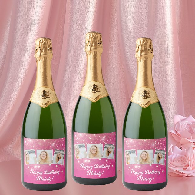 Hot Pink Sparkle Photo Collage Birthday Party Sparkling Wine Label (Creator Uploaded)