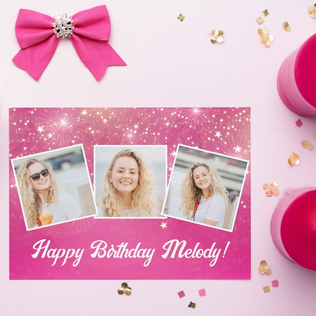 Hot Pink Sparkle Photo Collage Girls Birthday Card (Creator Uploaded)