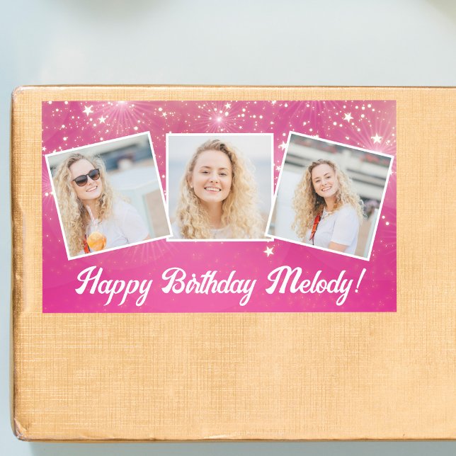 Hot Pink Sparkle Photo Collage Girls Birthday Rectangular Sticker (Creator Uploaded)