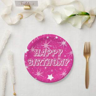 Hot Pink Sparkle Stars Happy Birthday Party Paper Plate
