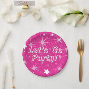 Hot Pink Sparkle Stars Happy Birthday Party Paper Plate