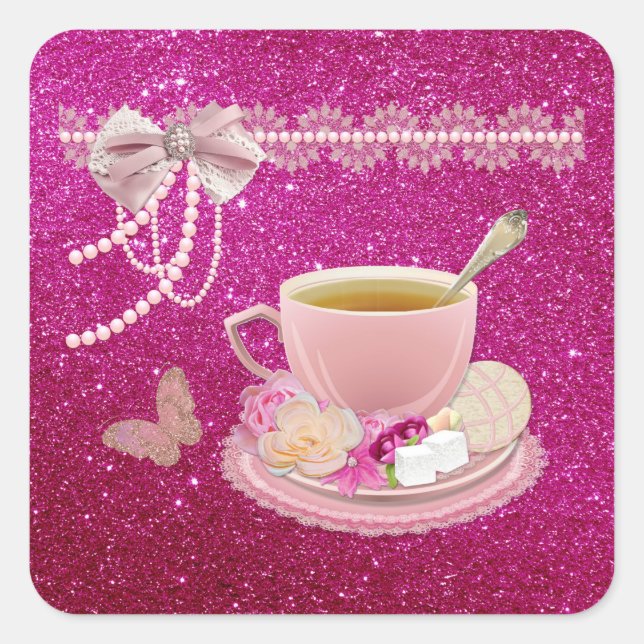 Hot Pink Sparkle Tea Party Custom Square Stickers (Front)
