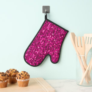 Hot pink sparkles faux glitter bling oven mitt