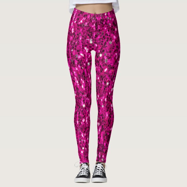 Hot pink sparkles faux glitter leggings (Front)