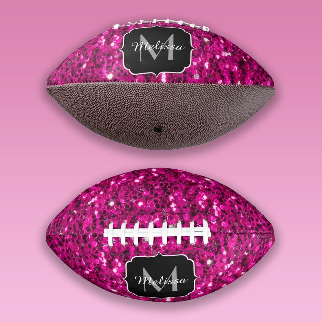 Hot pink sparkles faux glitter Monogram Football (Creator Uploaded)