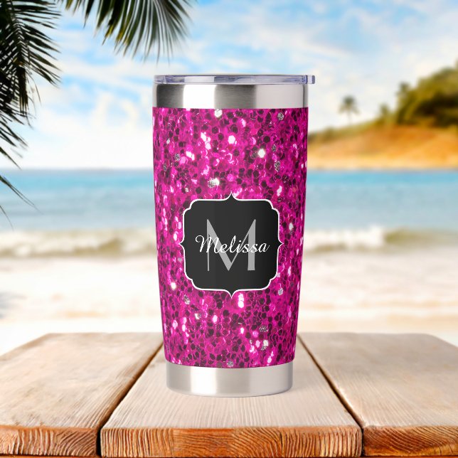 Hot pink sparkles faux glitter Monogram Insulated Tumbler (Beach)
