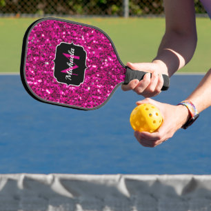 Hot pink sparkles faux glitter Monogram Pickleball Paddle