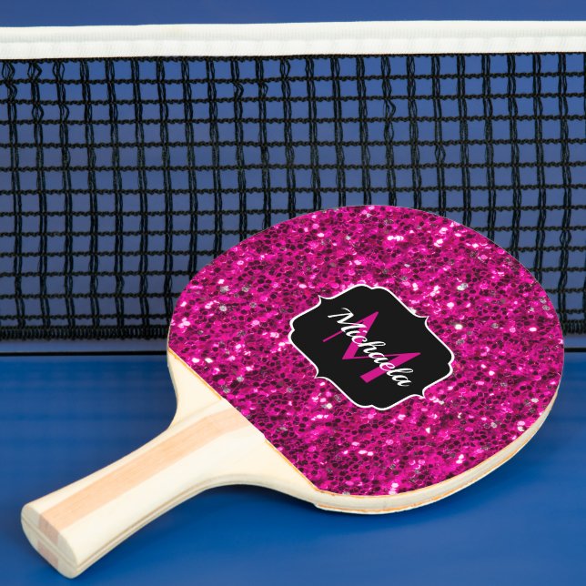 Hot pink sparkles faux glitter Monogram Ping Pong Paddle (Insitu)