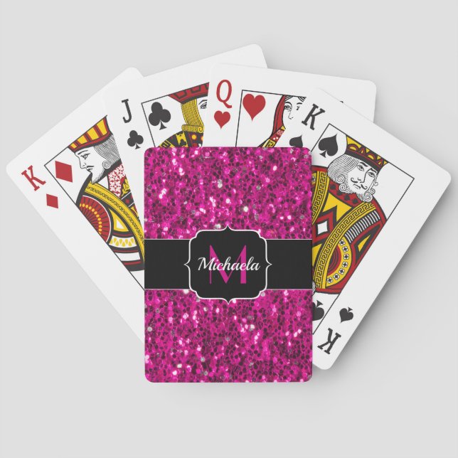Hot pink sparkles faux glitter Monogram Playing Cards (Back)