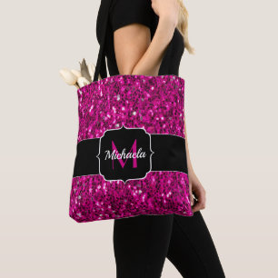 Hot pink sparkles faux glitter Monogram Tote Bag