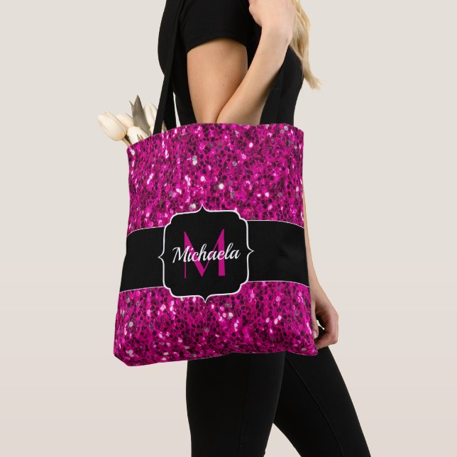 Hot pink sparkles faux glitter Monogram Tote Bag (Close Up)