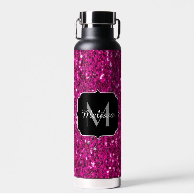 Hot pink sparkles faux glitter Monogram Water Bottle (Front)