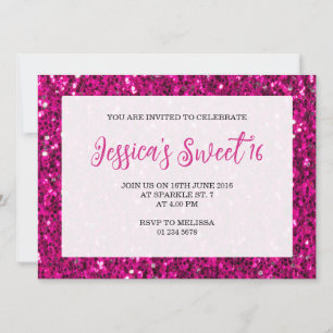Hot pink sparkles glitter Sweet 16 elegant script Invitation