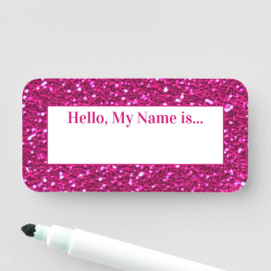 Hot Pink Sparkly Glitter Glam Hello My Name is Tag