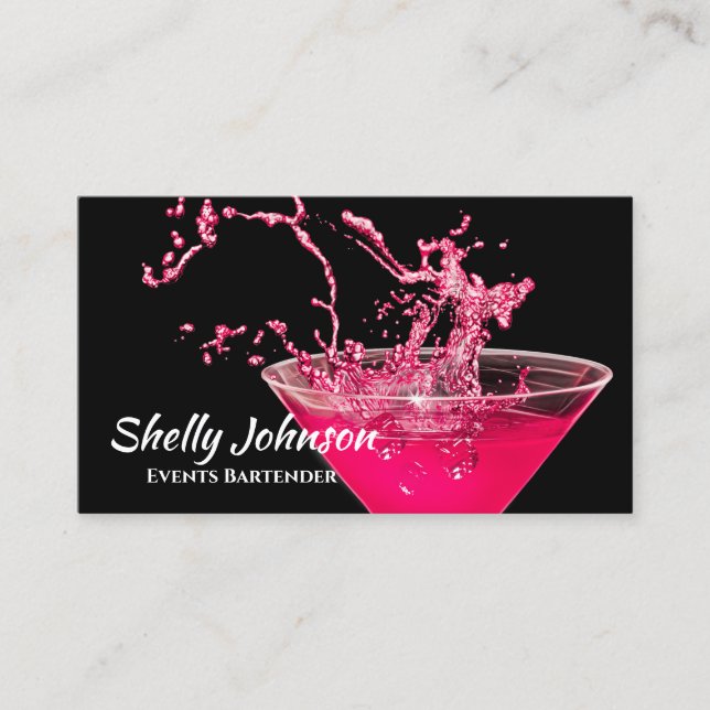 Hot Pink Splash Bartender and Events Caterer Business Card (Front)