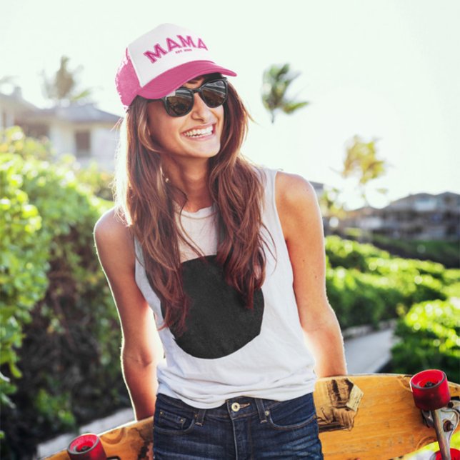 Hot Pink Sports Style Outline Mama Trucker Hat (Sporty Mama Hot Pink Trucker Hat)